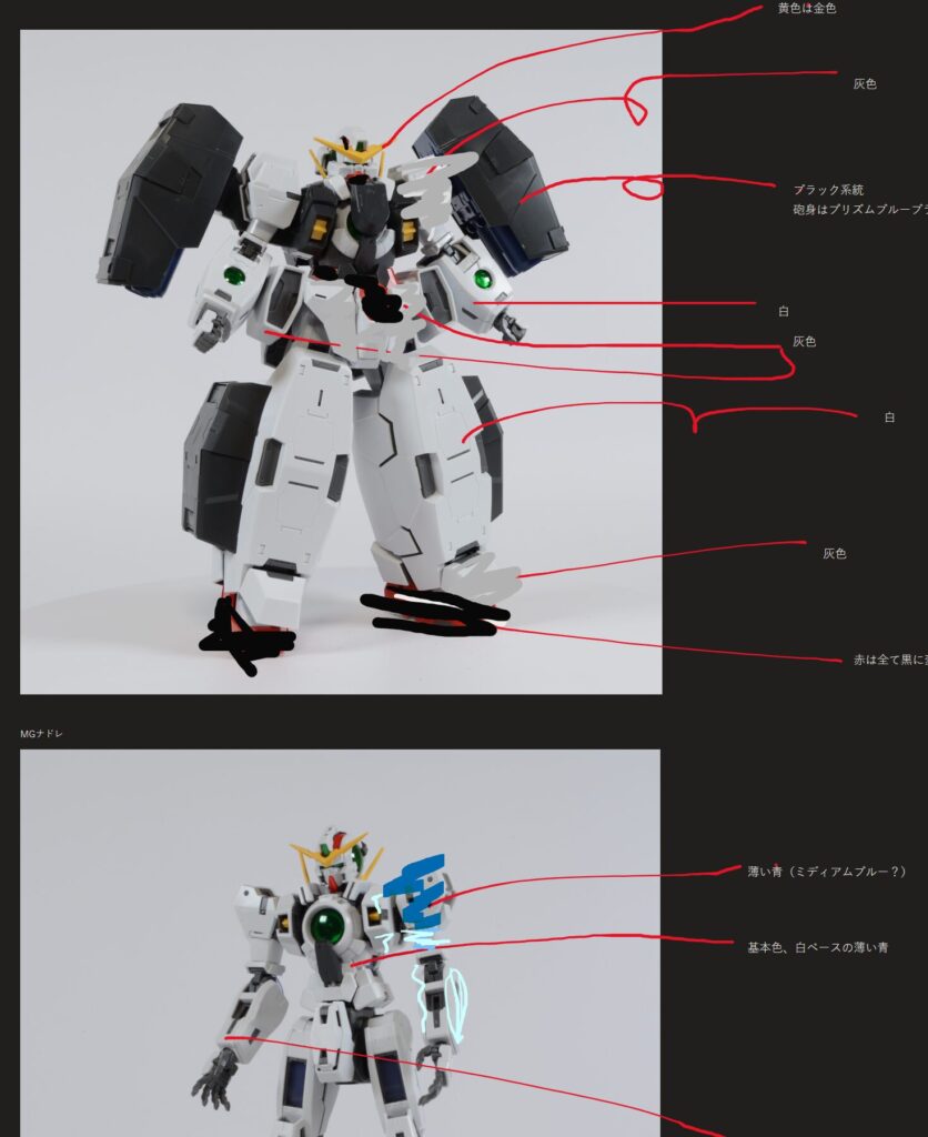 【ガンプラ】 MG 1/100 ガンダムヴァーチェを塗装作成してレビューします。③（塗装プランのメモツールどうしてますか？OneNoteはレイアウト自由なメモ用紙として使っています。）の画像