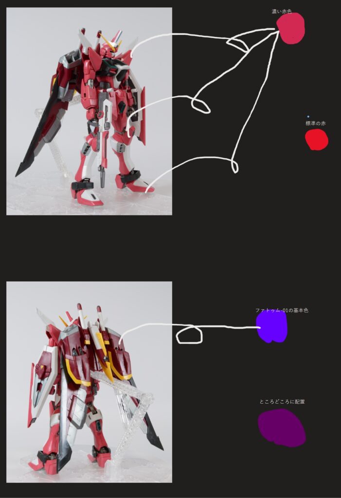 【ガンプラ】 MG 1/100 インフィニットジャスティスガンダムを塗装作成します。②ガイアノーツのエヴァ レッドとエヴァ ナイトパープルで基本色を調色します。「機動戦士ガンダムSEED DESTINY（シードデスティニー）」の画像