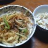かきあげうどんと小松菜とこんにゃくとうすあげの混ぜご飯の画像