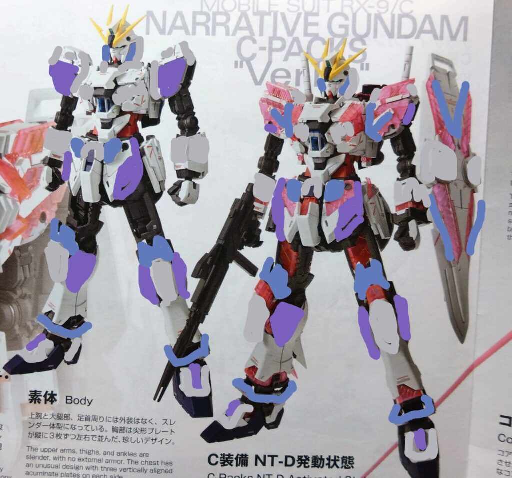 MG 1/100 ナラティブガンダム C装備 Ver.Kaを塗装作成します。③カラーリングを決めて、ネコの手装備して塗装準備します。（機動戦士ガンダムNT）の画像