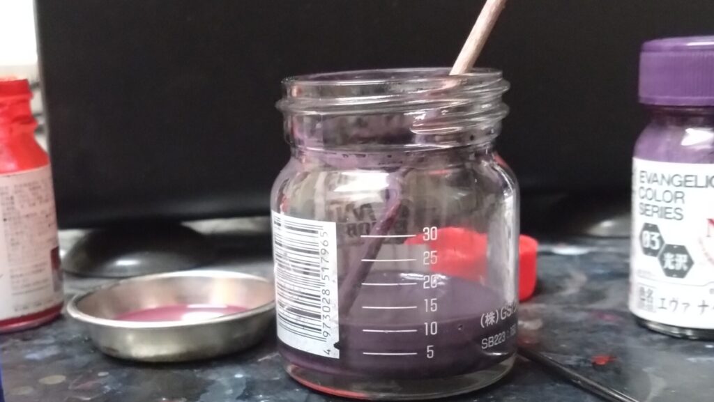 MG 1/100 ナラティブガンダム C装備 Ver.Kaを塗装作成します。⑤独自のカラーリング塗装のために紫と青を調色する。（機動戦士ガンダムNT）の画像