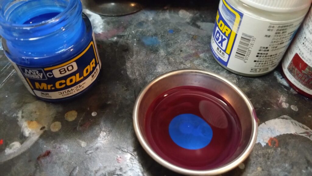 MG 1/100 ナラティブガンダム C装備 Ver.Kaを塗装作成します。⑤独自のカラーリング塗装のために紫と青を調色する。（機動戦士ガンダムNT）の画像