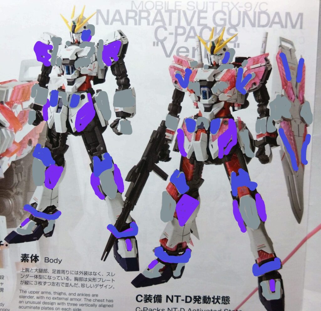 MG 1/100 ナラティブガンダム C装備 Ver.Kaを塗装作成します。③カラーリングを決めて、ネコの手装備して塗装準備します。（機動戦士ガンダムNT）の画像